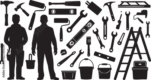 Silhouetted Handyman Figures with Tools for Construction and Home Improvement Projects
