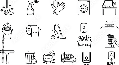 Cleaning Service, Hygiene, and Household Chores Icons Supplies, Equipment, Laundry, Sanitation, and Professional Janitorial Symbols for Home and Office