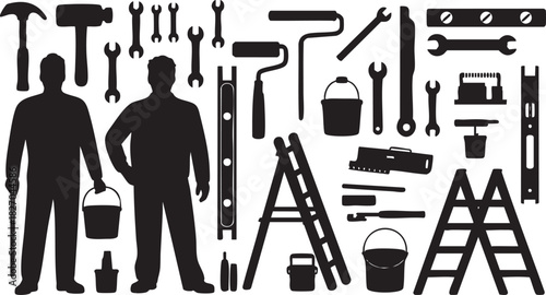 Silhouettes of construction workers and various building equipment tools and accessories