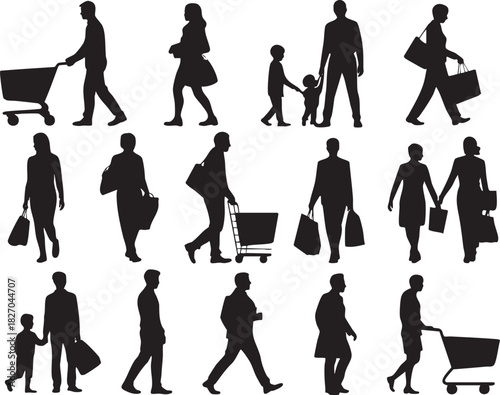 Silhouettes of People Shopping and Walking with Bags in Vector Format