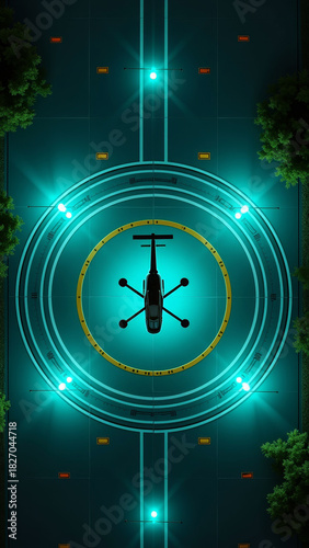 Vivid emergency helicopter landing pad with transforming turquoise tones on markings and perimeter lights