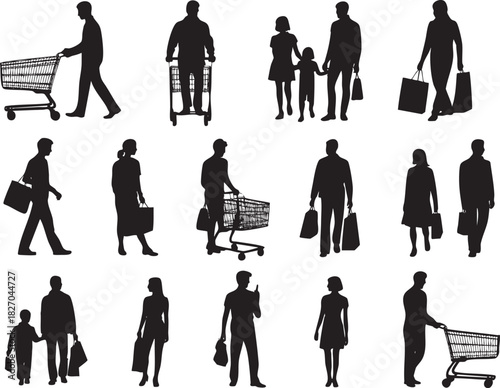 Silhouetted shoppers and families with shopping carts and bags vector illustration