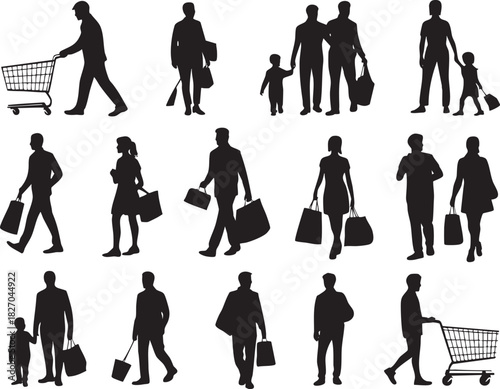 Silhouettes of shopping people carrying bags and pushing shopping carts isolated