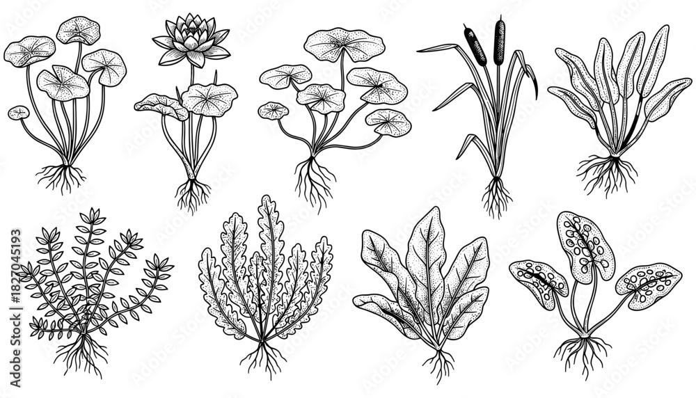 Naklejka premium Intricate botanical drawings of aquatic plants with roots