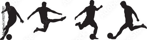 Soccer players silhouettes in action kicking the ball on white background