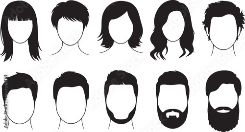 Variety of Hairstyles and Beards Black and White Vector Illustration Set