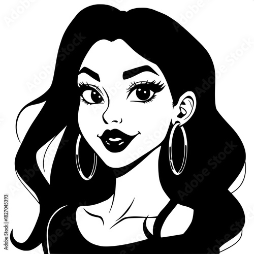 A high-contrast black and white vector illustration of a young woman with flowing dark hair that cascades down her back in loose waves, and oversized hoop earrings that accentuate her heart-shaped fac