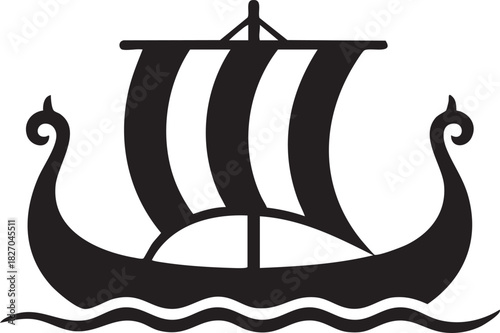 Black and white Viking longship sails on wavy waters creating historical scenery