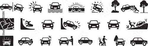 Automotive icons displaying various car accidents and scenarios in black color