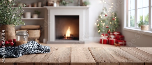 A wooden tabletop is in focus, while colorful lights and gifts create a joyful holiday setting in the background