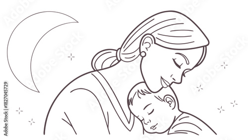 Single-line sketch of mom and baby sleeping peacefully with pastel moon