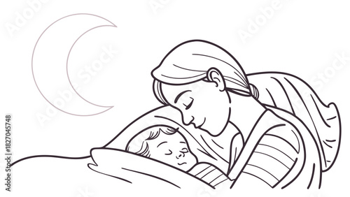 Single-line sketch of mom and baby sleeping peacefully with pastel moon