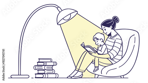 Line art of mother reading bedtime story with tulip lamp glow