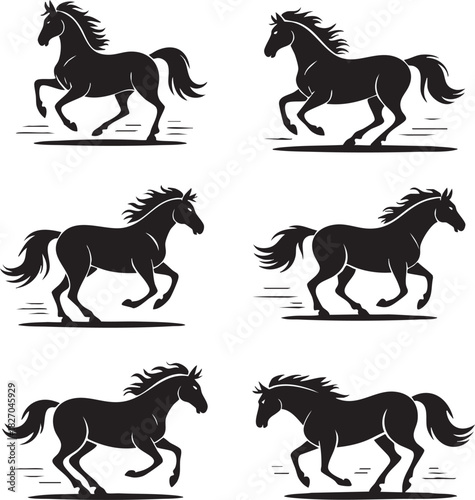 Black silhouette horses running wild seamless pattern on a white background