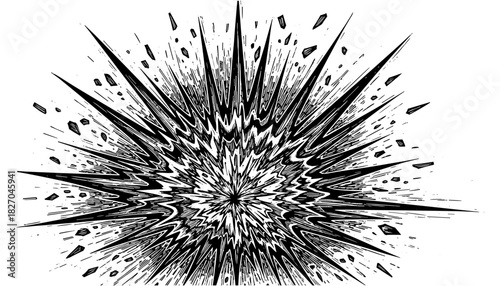 Dynamic black and white comic style explosion with sharp angular lines