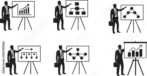 Business presentation collection with charts diagrams and growth symbols in black