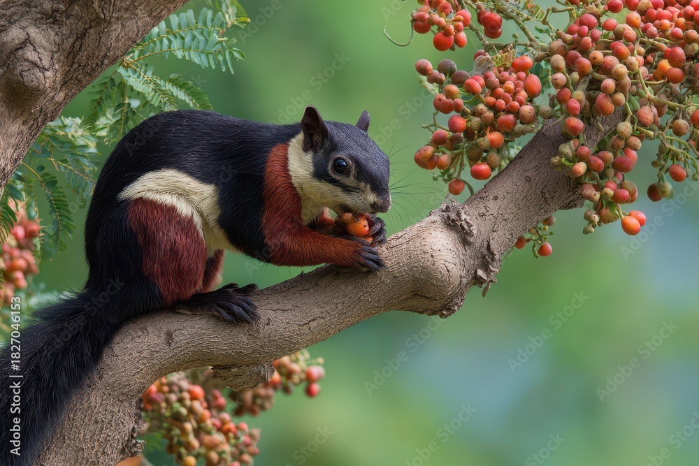Obraz premium Majestic Indian Giant Squirrel Feasting on Banyan Tree Berries Amidst Lush Forest Foliage