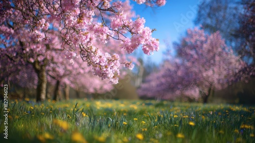 Serene Spring Landscape: Blurred Beauty of Blooming Trees Under Clear Blue Skies