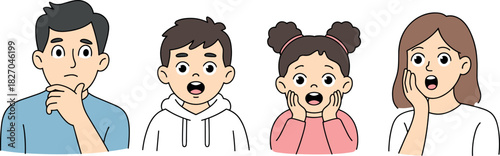 Four diverse cartoon people express shock, surprise, and confusion with wide eyes and open mouths, isolated on white.