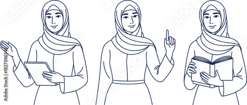 Illustrative line art of a woman in hijab presenting information with tablet hijab, woman, illustration, line art, drawing, sketch, person, female, muslim, islam, making a point, and reading a book.