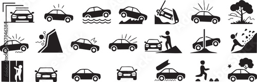Car accident and collision damage icons set black and white vector