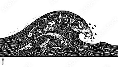 Surreal wave of faces and eyes: intricate hand drawn ocean art