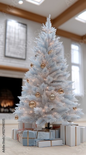 A tall evergreen tree shines with warm lights, enhancing the cozy feel of the modern living room decorated for the festive season