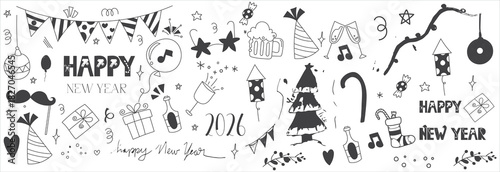 Handdrawn Happy New Year and Marry Christmas Doodle icon set