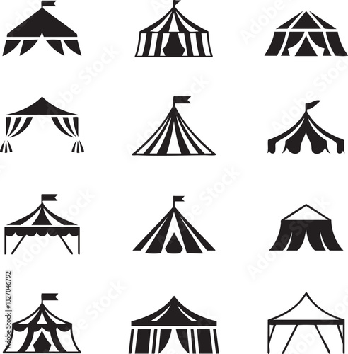Collection of black silhouette carnival and circus tent vector icons