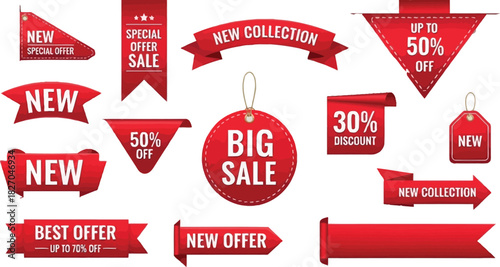Versatile collection of vibrant red promotional banners, labels, and tags for retail marketing, highlighting sales, discounts, and new product announcements