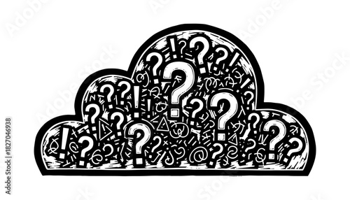 Intricate question mark cloud in black and white drawing style