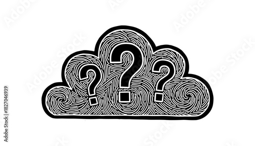 Cloud with question marks doodle: simple hand-drawn style