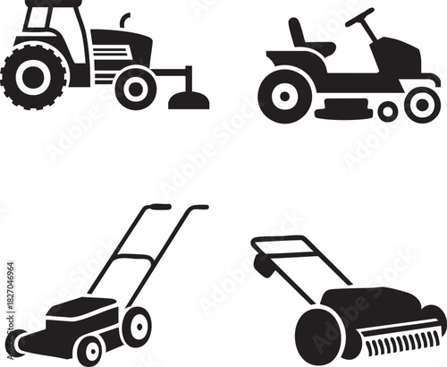 Collection of different lawn mowing and landscaping equipment in silhouette style