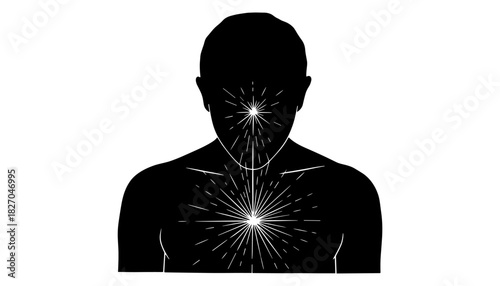 Silhouette meditation with radiating energy pulses and chakra focus