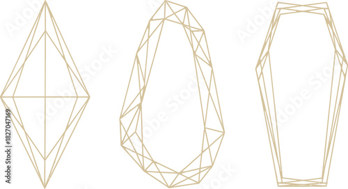 Geometric abstract line art forms displaying unique polygonal shapes on a white background, showcasing an array of creative design elements
