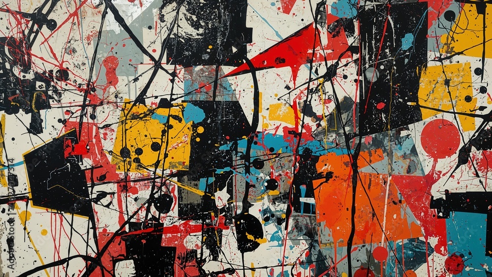 Fototapeta premium Abstract expressionism with colorful splatters and lines, featuring black, red, yellow, blue, and orange shapes against a white background.