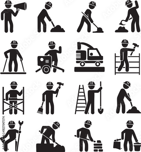 Construction worker silhouettes various activities equipment safety on white background