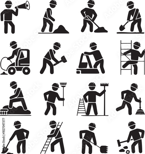 Construction worker icons set depicting various tasks and responsibilities