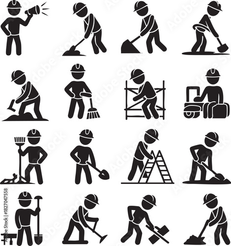 Construction Worker Stick Figure Pictogram Icons Set Construction Site Occupation
