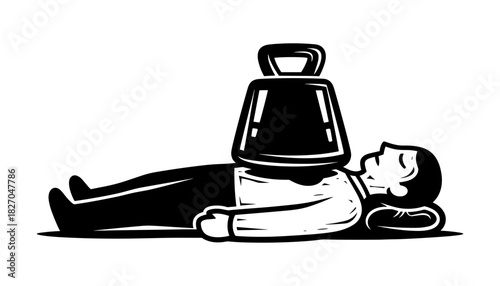 Monochrome surreal artwork of person beneath kettlebell