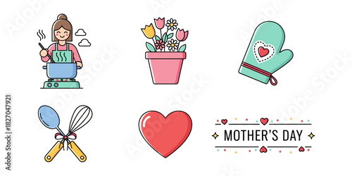 Mother's Day, Cooking, and Care Vector Icon Set