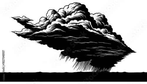 Dramatic black and white cloud with rainfall in detailed vintage style
