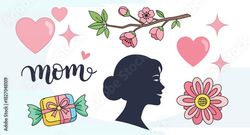 Mother's Day Vector Illustration, Woman Silhouette, and Floral Elements
