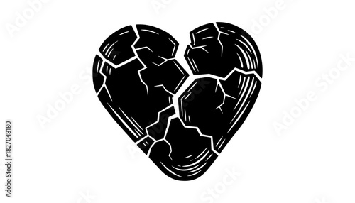Cracked heart design in bold silhouette style symbolizing broken love
