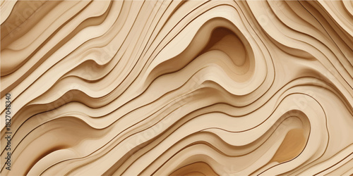 Fluid Carved Beige Wood Texture with Organic Swirls and Smooth Gradient Waves for High-End Decorative Backgrounds and Luxury Design Projects