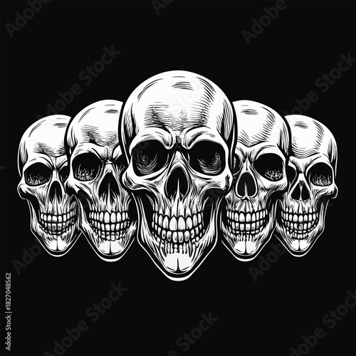 Row of Five Detailed Skulls on Black Background death