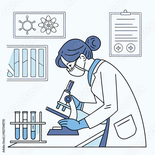 Scientist in lab coat examining microscope with scientific equipment