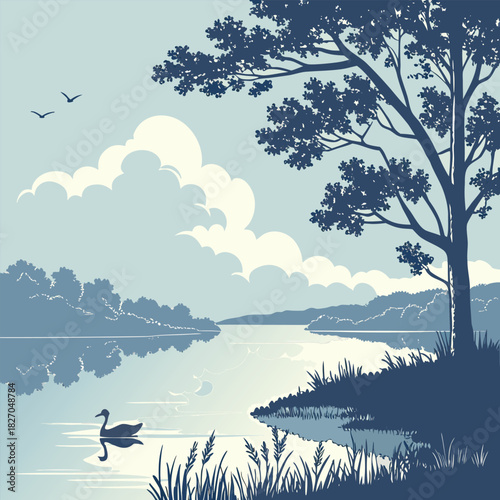 Serene Lake Landscape with Silhouetted Tree and Duck