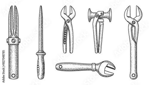 Vintage hand tools collection in detailed engraving style for diy and craft projects