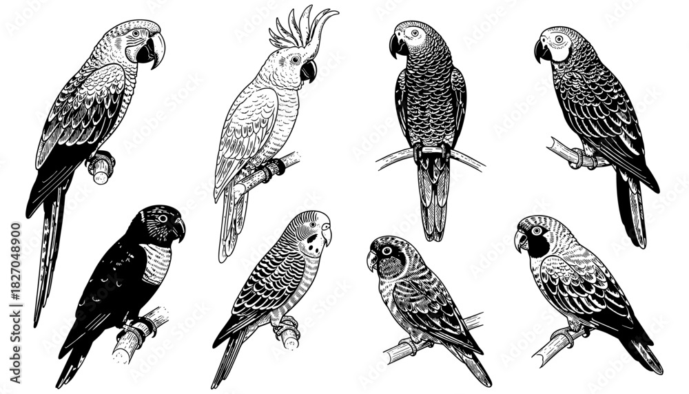 Fototapeta premium Intricate black and white parrot designs: detailed bird art collection
